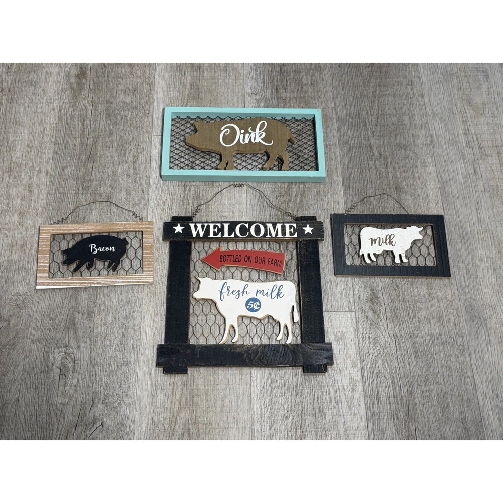 Farmhouse Hanging Wood Signs Wire Pig & Cow Rustic Distressed Decor Set Of 4 - Picture 3 of 7